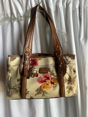 Etienne Aigner Floral Canvas Tote in Beige and Brown with Gold Accents